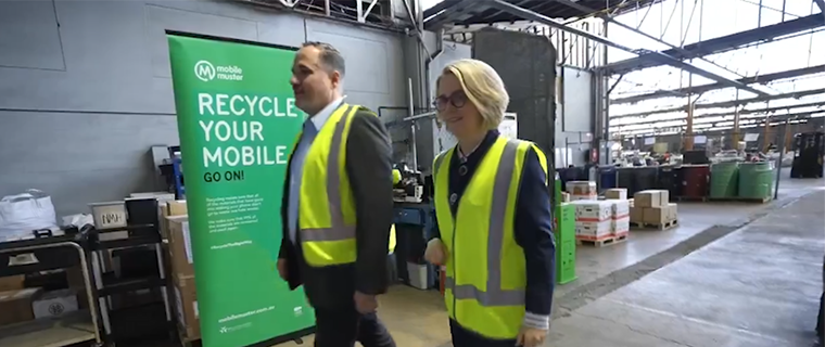 AMTA CEO Louise Hyland and TV presenter Trevor Long visit MobileMuster's recycling facility